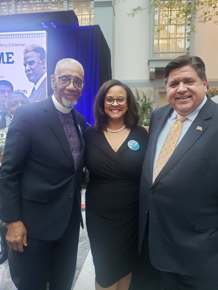 Karin Norington-Reaves with Governor Pritzker and Congressman Bobby Rush